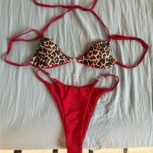 Red and Leopard Print Bikini Set
